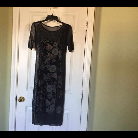 Slip dress. Navy, optional Sleeved Mesh Overlay - Picture 2 of 5